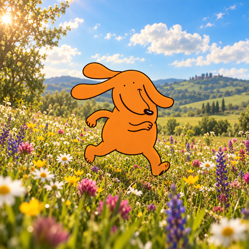 Dancing Dog hopping through a flower meadow